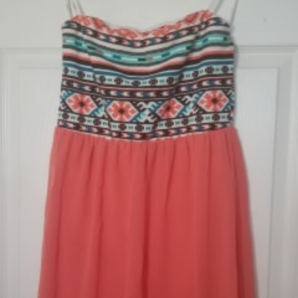aztec coral and teal print strapless sundress